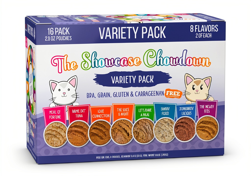 'Weruva cat food pouches variety pack displayed on a kitchen counter'