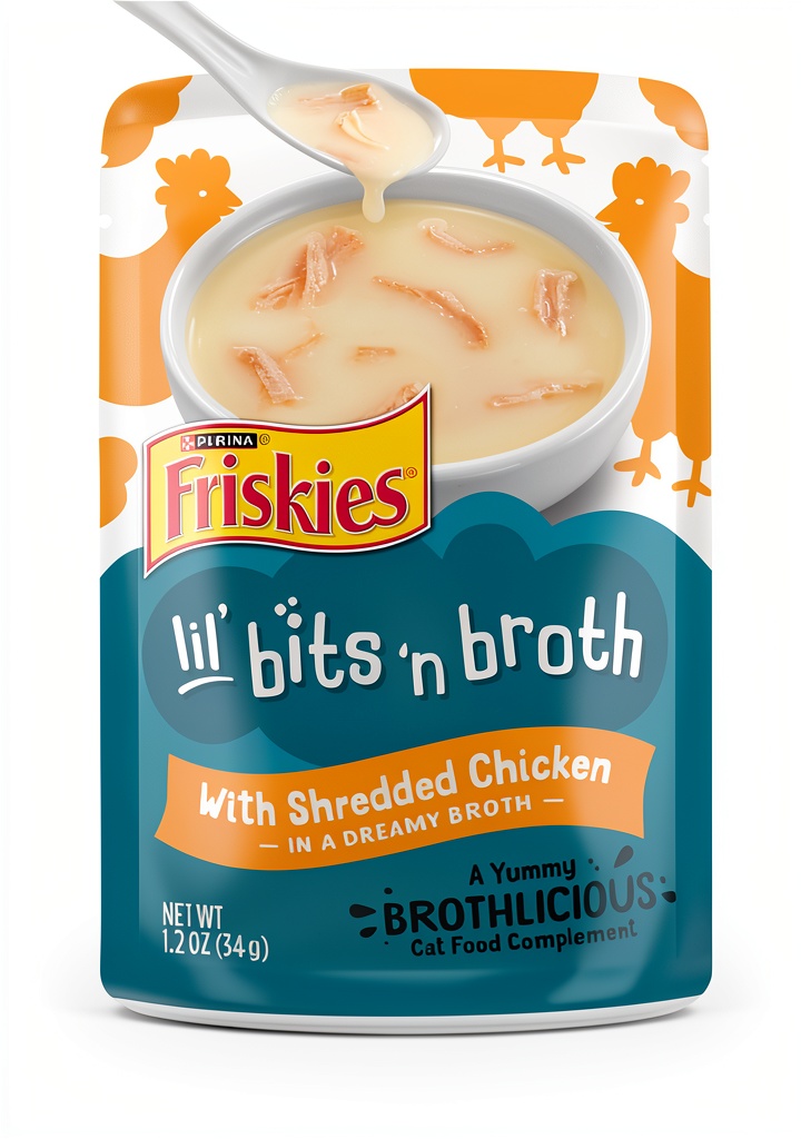 Friskies cat food topper pouch with real chicken bits in broth