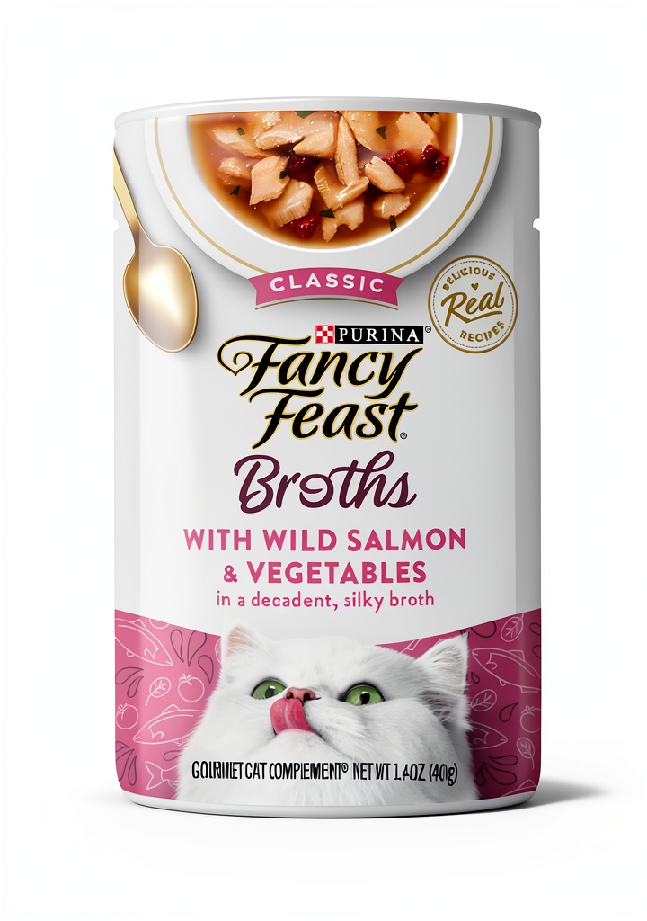 Purina Fancy Feast salmon broth cat food topper pouch displayed on a kitchen counter