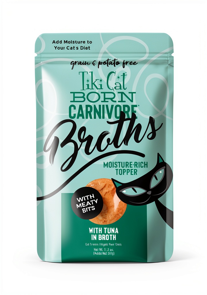 Tiki Cat Broth Hydration Supplement pouches displayed on a kitchen counter