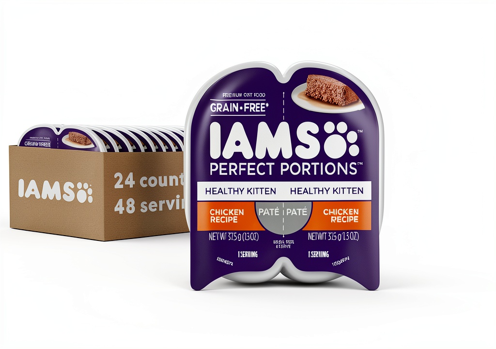 IAMS Grain Free Wet Cat Food pouches displayed on a kitchen counter