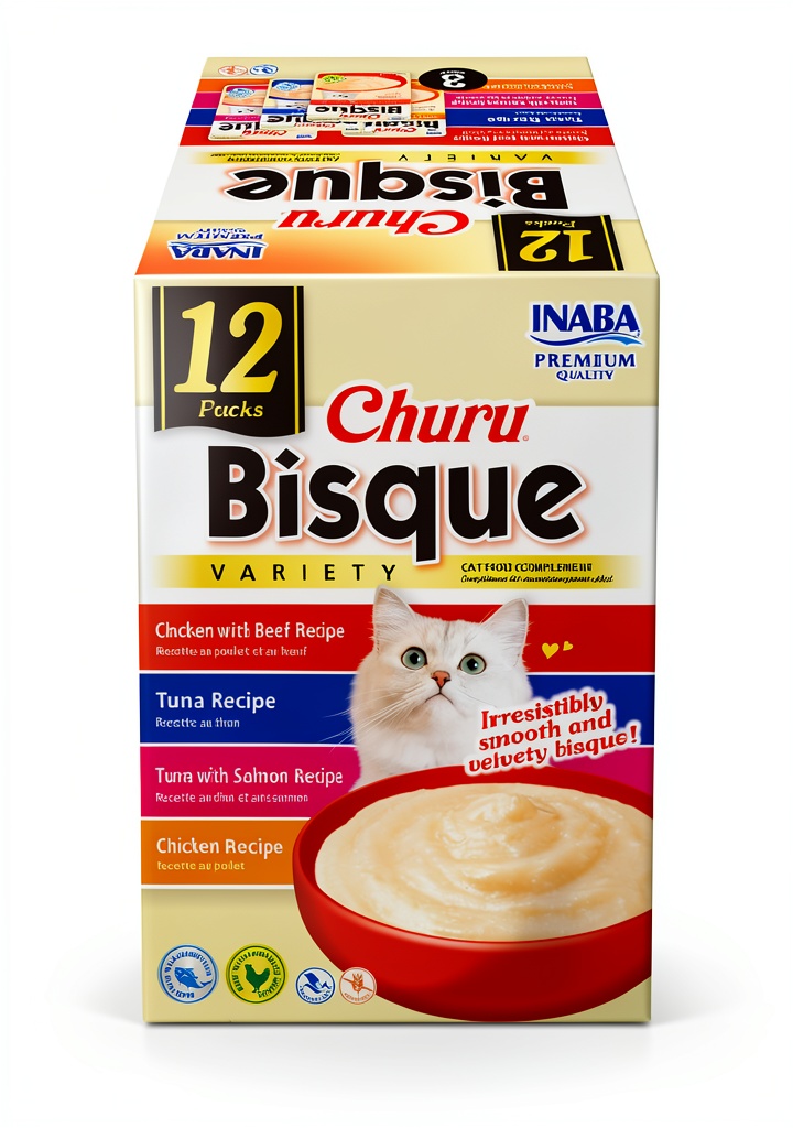 Inaba Churu Bisque pouches displayed on a kitchen counter