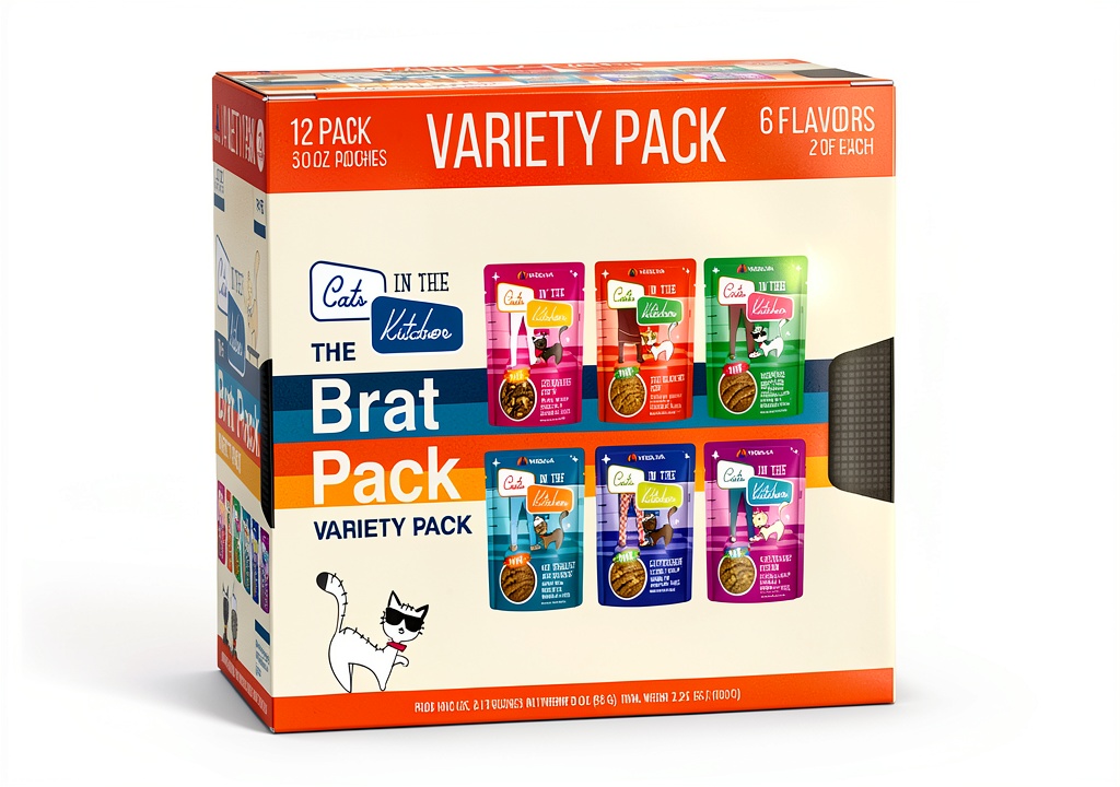 Weruva Cats in the Kitchen cat food pouches variety pack display
