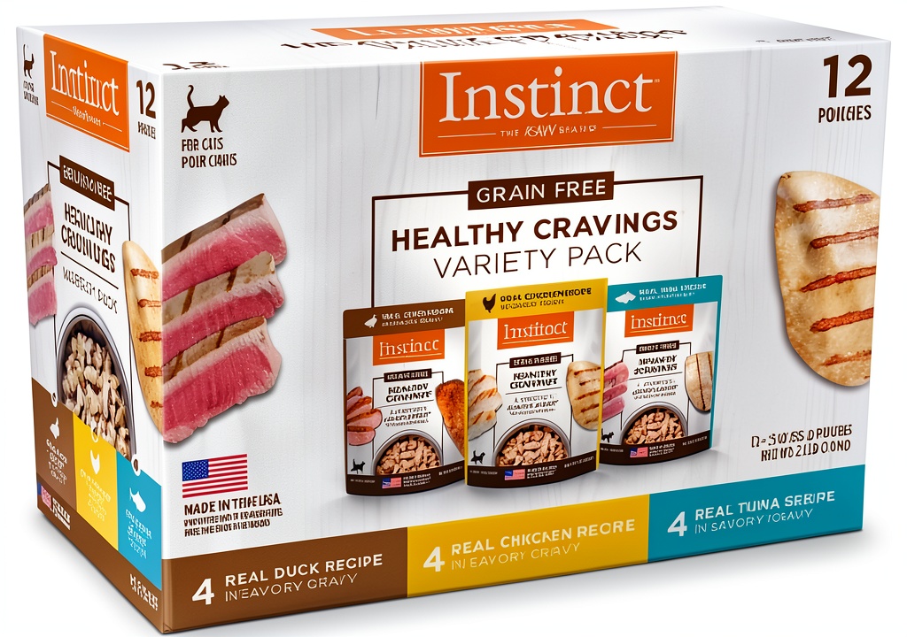 Nature's Variety cat food topper pouches displayed on a kitchen counter