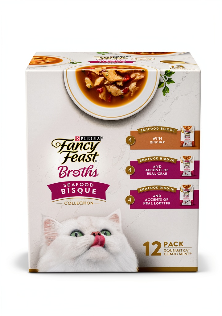 Purina Fancy Feast Broths pouches displayed on a kitchen counter