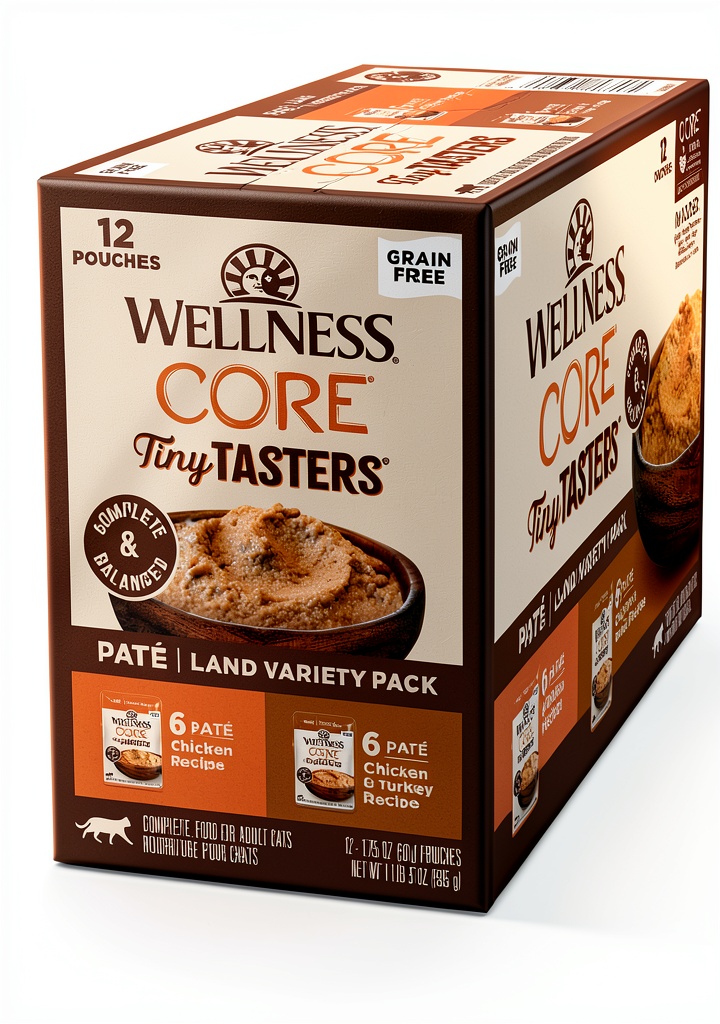 'Wellness Tiny Tasters cat food pouches on a kitchen counter'