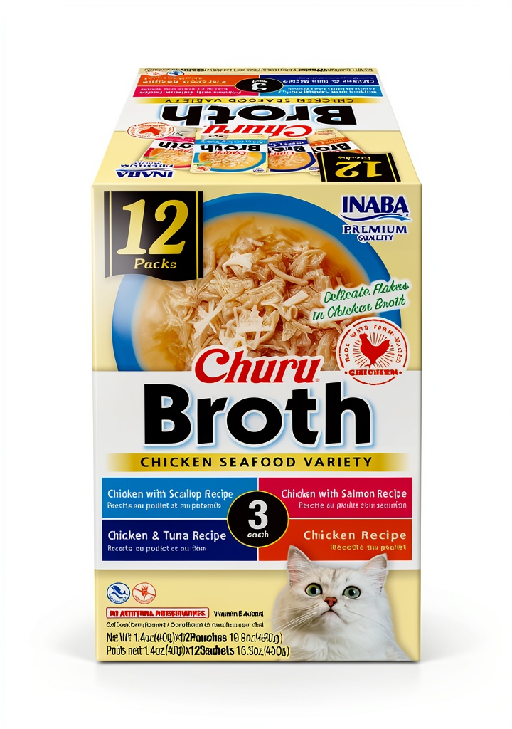 'Inaba cat food pouches displayed on a kitchen counter'