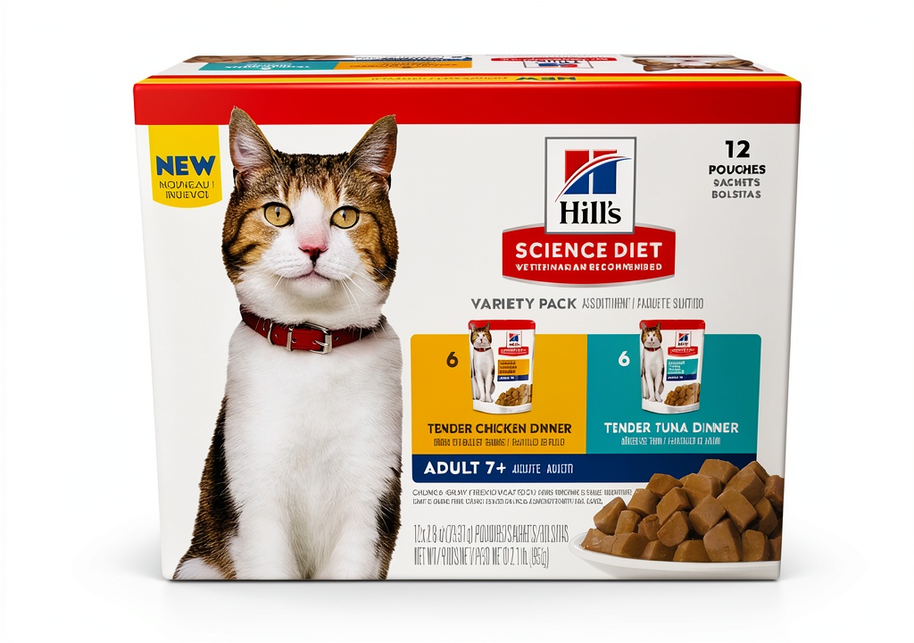 Installing Hills Cat Food Pouches Taurine for Heart Health on a kitchen countertop
