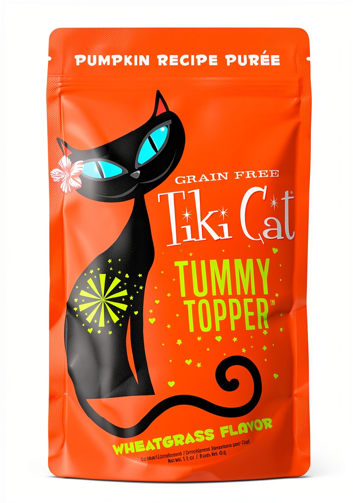 Tiki Pets Cat Food Pouches with pumpkin puree displayed on a counter