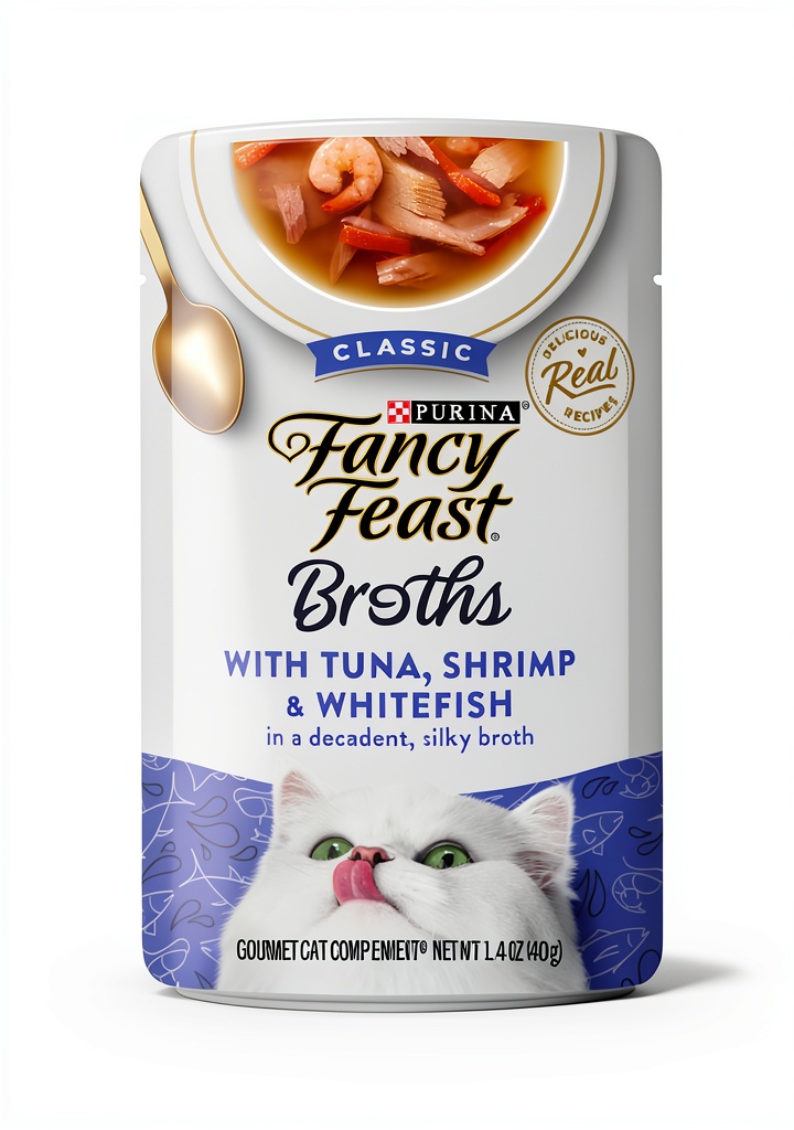 Fancy Feast seafood broths cat food topper in packaging