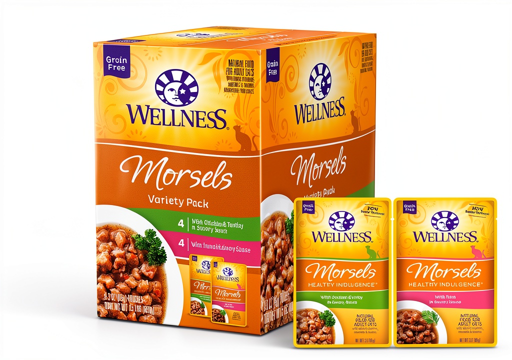 Wellness grain-free wet cat food pouches displayed on a kitchen counter